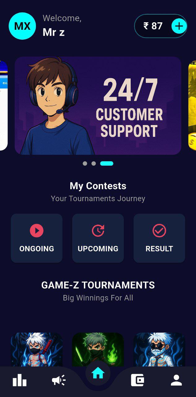 GamezX Free Fire Tournament App Home Screen